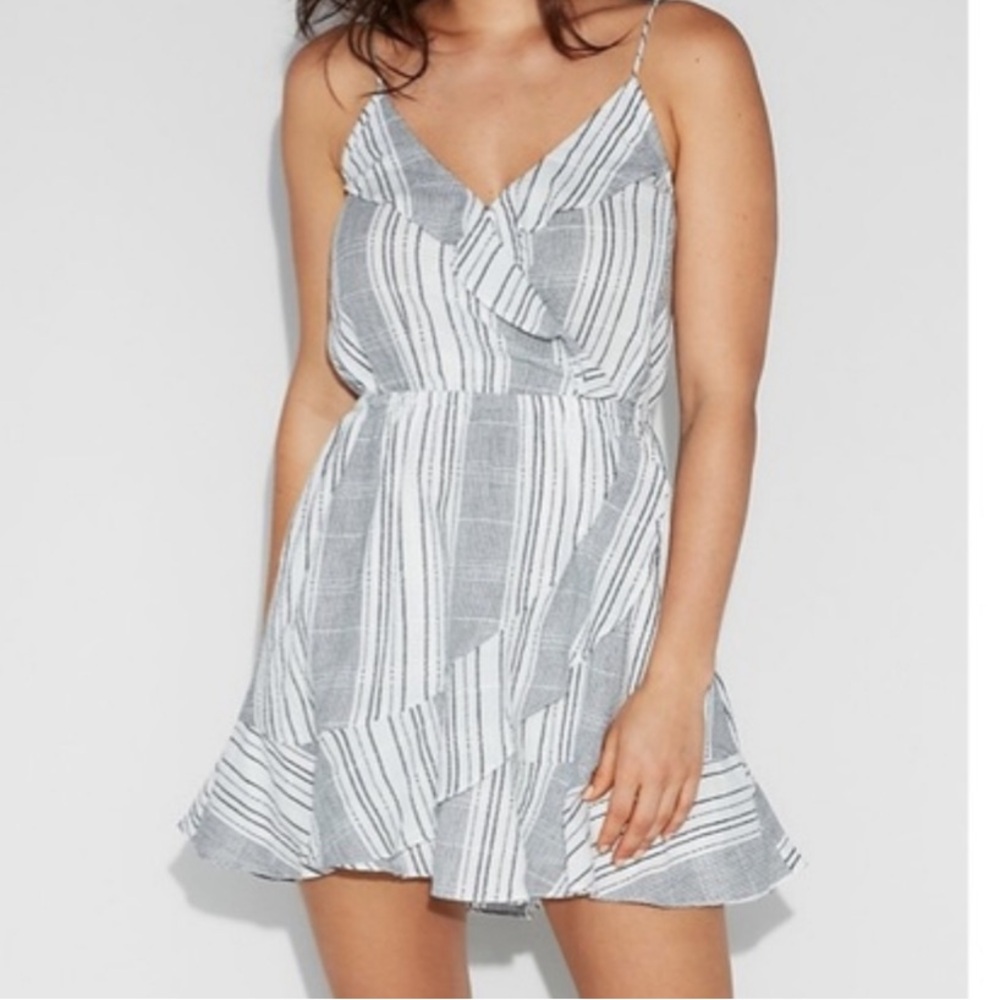 Express Blue & White Striped Ruffle Wrap Spaghetti Strap Cotton Dress NWT XL M - Picture 8 of 9